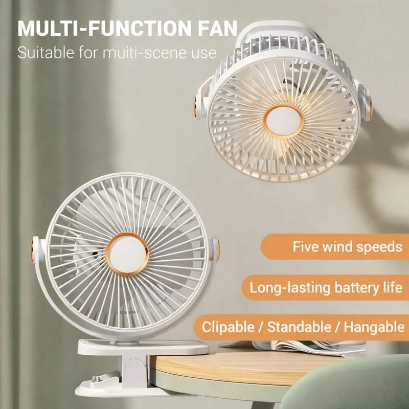 Portable Multi-Function Clip Fan 5 Speeds, 360° Adjustable, Rechargeable Desk & Hanging Fand