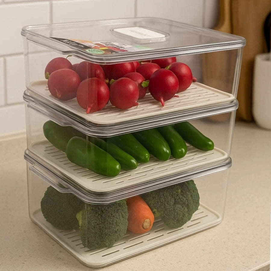 Fridge Storage Container for Vegetables Fruits Meat Seafood with Ventilation Drain Tray Organizer