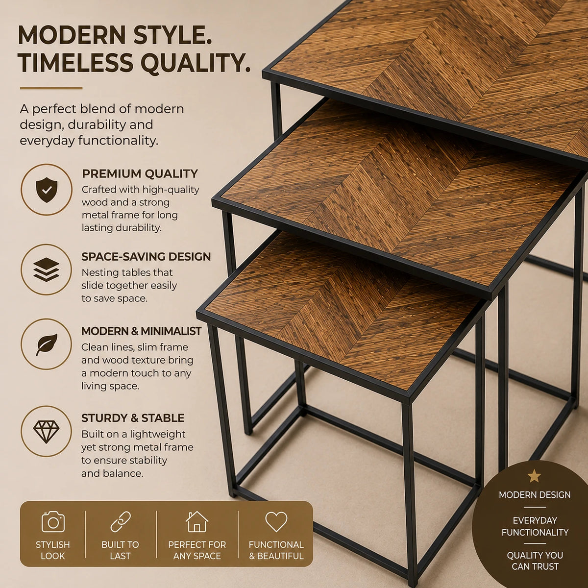Table Set 3 Piece Nesting Modern Wooden Side Tables Coffee Tables Living Room Furniture Space Saving Tables