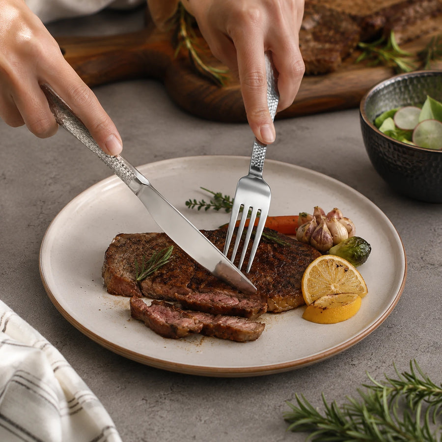 Stainless Steel Dinner Knife Set of 6 | Hammered Handle Table Knives