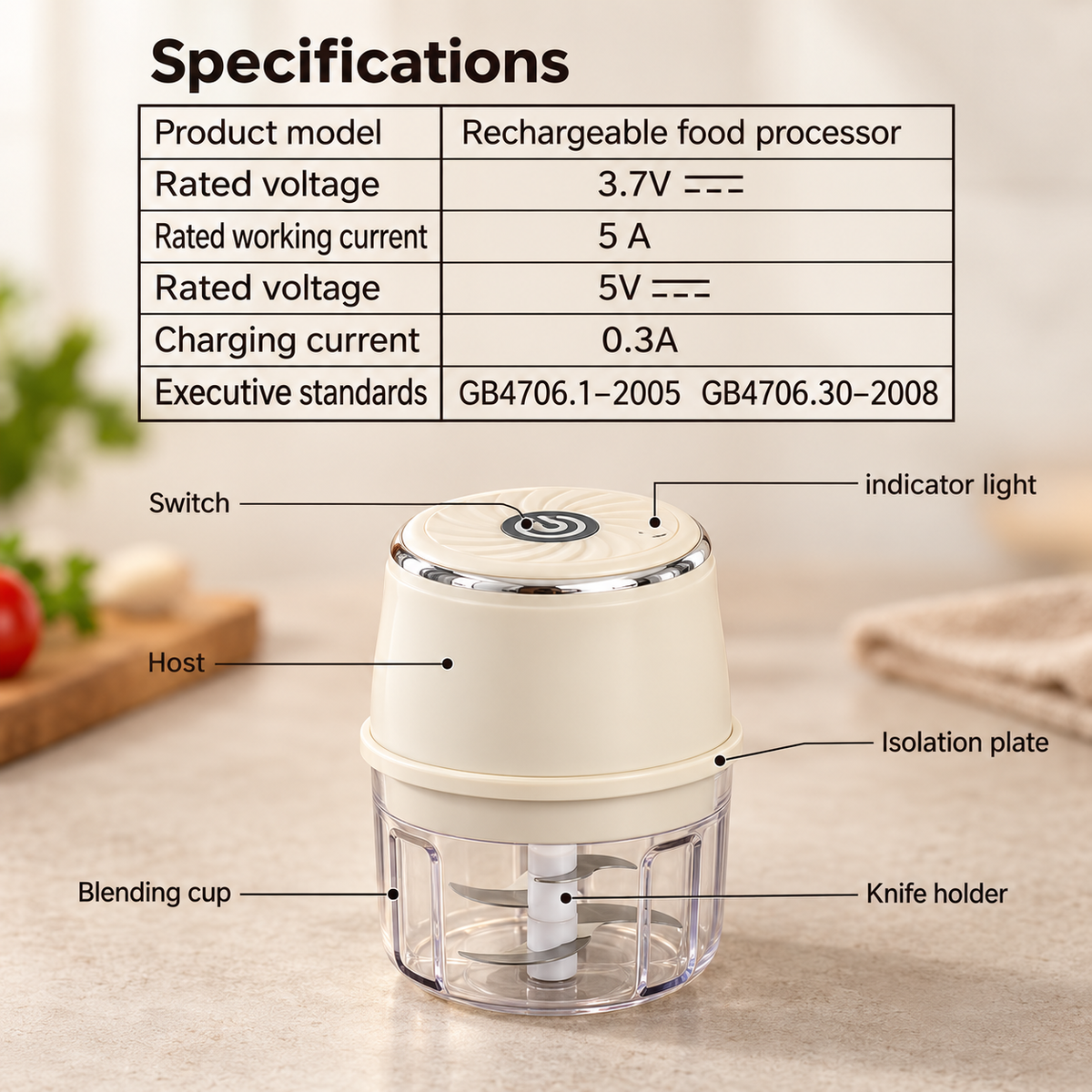Cordless Rechargeable Mini Food Chopper with 6 Stainless Steel Blades