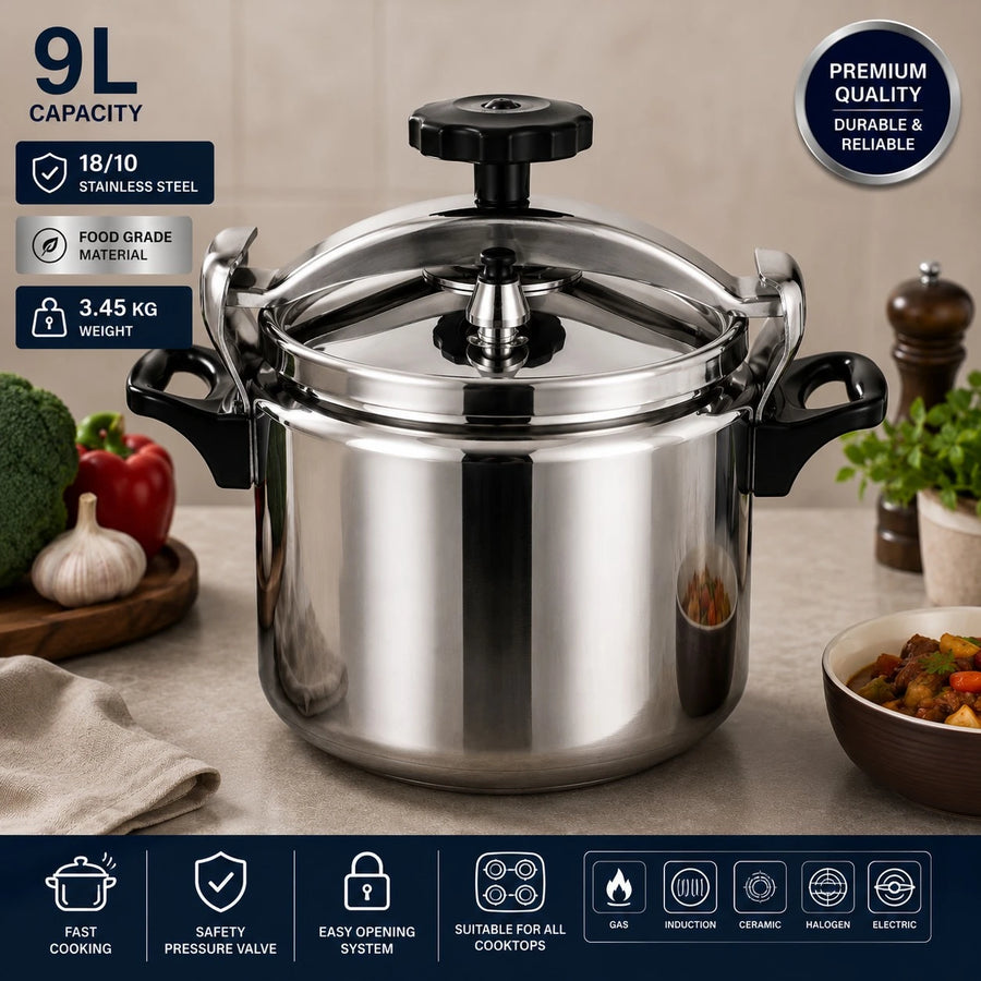 Pressure Cooker 9 Liter Stainless Steel Fast Cooking Pot Easy Opening Safety Valve Induction Gas Kitchen Cookware Heavy Duty Family Cooking Pot