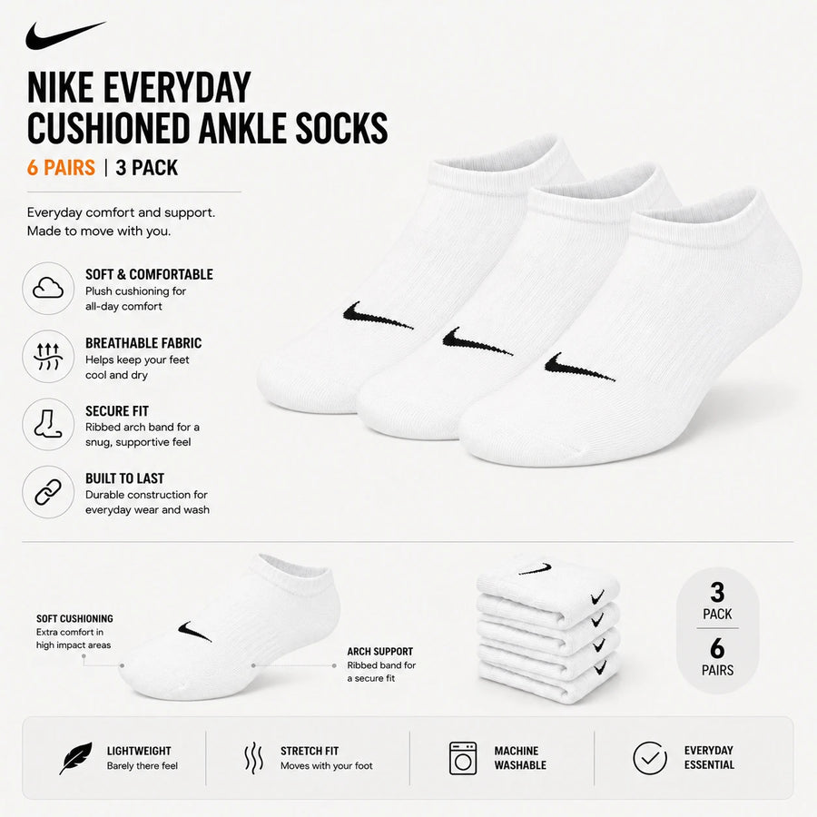 Nike Ankle Socks Low Cut Sports Socks Casual Everyday Breathable Stretch Fit Running Walking Training Comfort Socks 3 Pair Set Black Gray