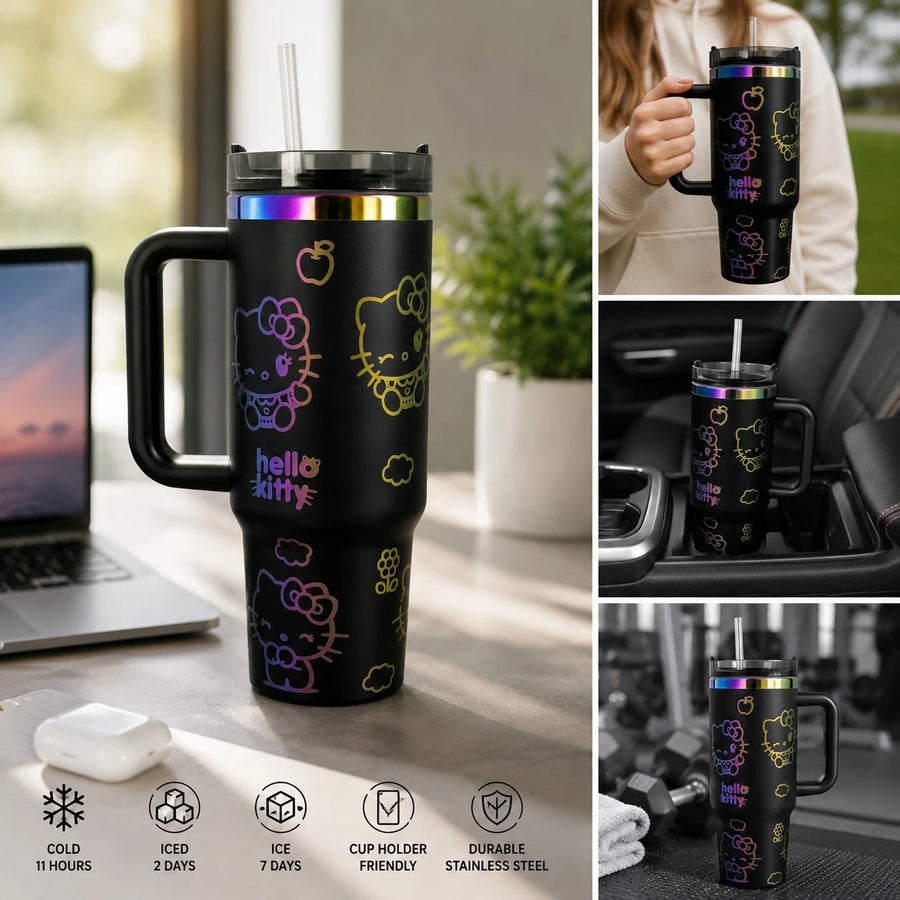 Stanley Style Hello Kitty Thermal Tumbler With Handle Straw 40 Oz Large Capacity Insulated Travel Mug