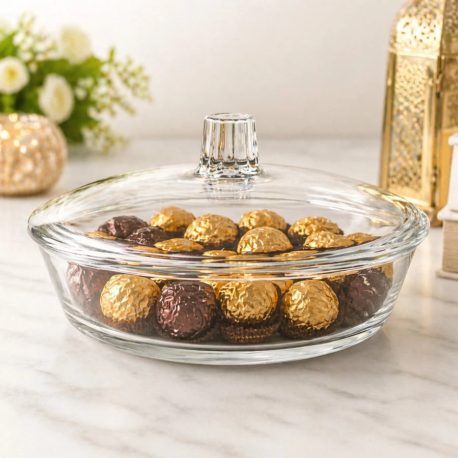 Clear Glass Casserole Dish with Lid Round Heat Resistant Serving Bowl Chocolate Candy Storage Container Kitchen Bakeware 22 cm 9 inch