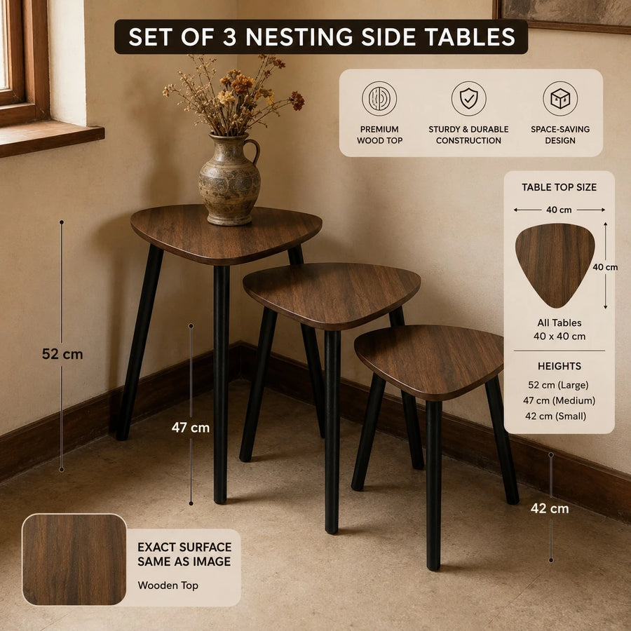 Set of 3 Modern Wooden Side Tables with Aluminum Legs | Nesting Coffee & End Tables