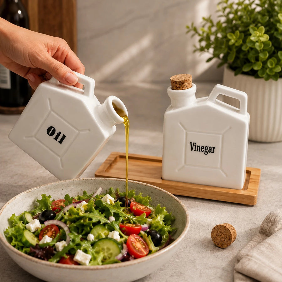 Ceramic Oil And Vinegar Dispenser Set Kitchen Cruet Bottles Olive Oil Container Vinegar Bottle Condiment Server With Bamboo Tray