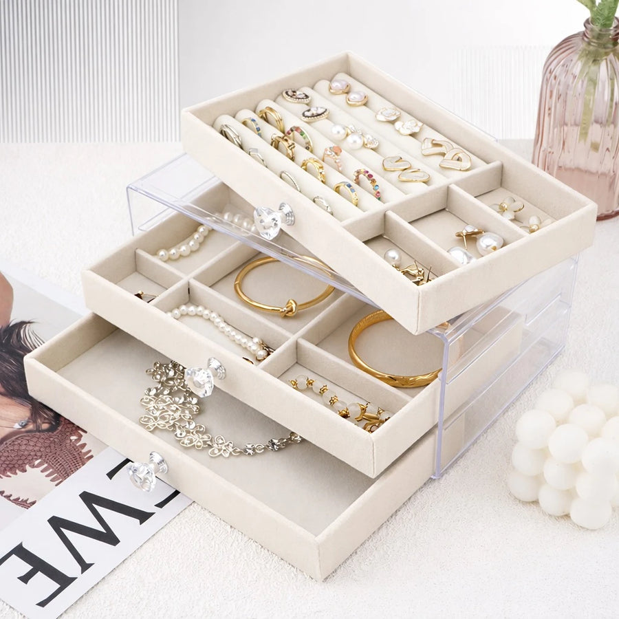 Jewelry Organizer Box Acrylic Storage Case 3 Drawer Makeup Jewelry Storage Display Box Clear Lid