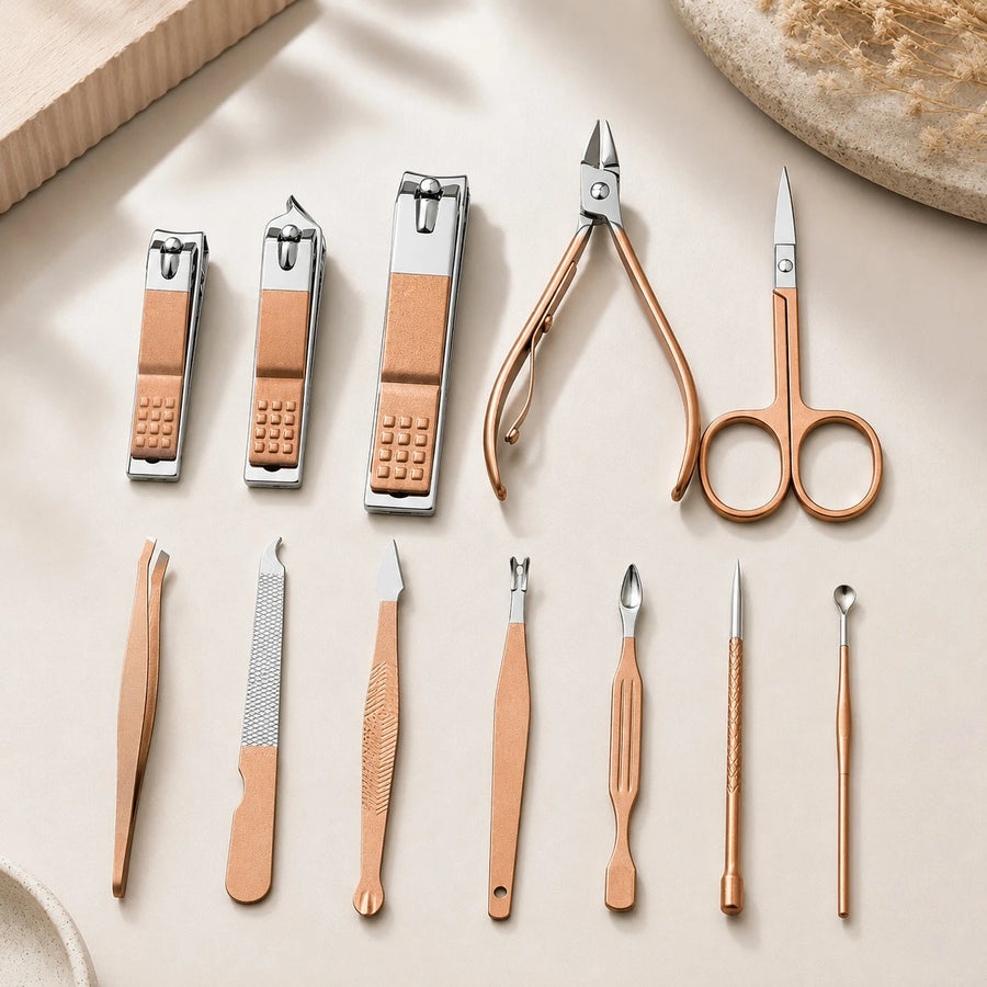 Manicure Pedicure Grooming Kit 12 PCS Rose Gold Stainless Steel Nail Care Travel Set with Portable Storage Case Professional Personal Care Tools