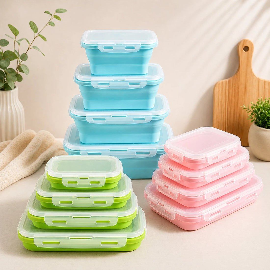 Collapsible Silicone Food Storage Containers Set 4 Pieces BPA Free Microwave Safe Foldable Lunch Boxes