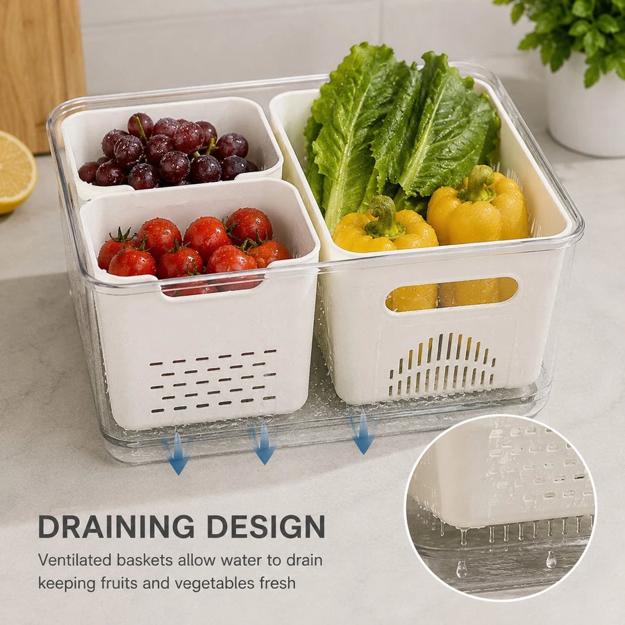 Food Storage Container With Removable Drain Basket Fridge Organizer Box Produce Keeper 30 x 20 x 14 cm