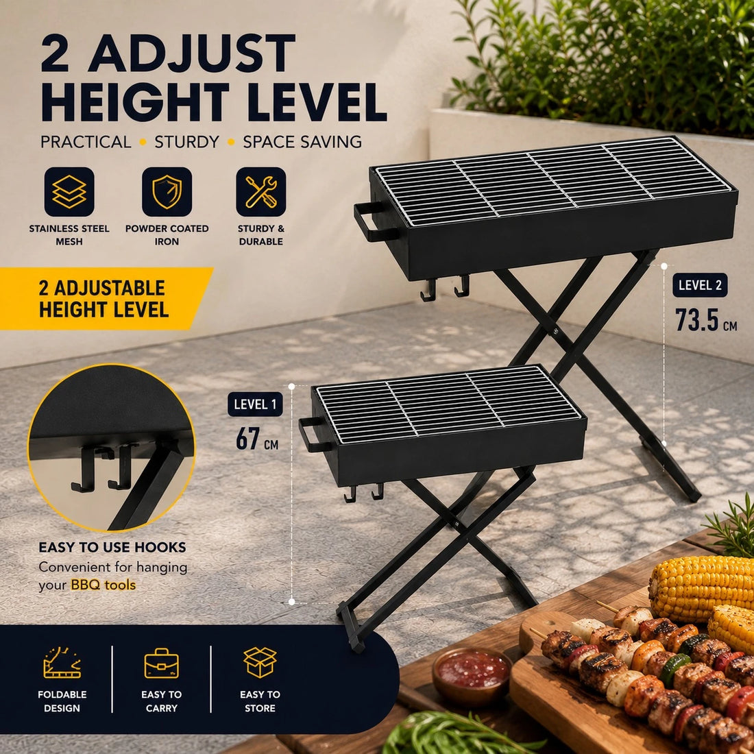 Portable Foldable Charcoal BBQ Grill Adjustable Height Camping Barbecue Grill Outdoor Picnic Grill