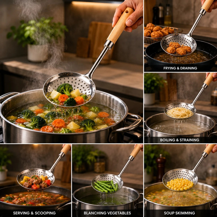 Adawat Stainless Steel Skimmer Wooden Handle Kitchen Strainer Spoon Food Skimmer Frying Spoon Soup Strainer 34 cm