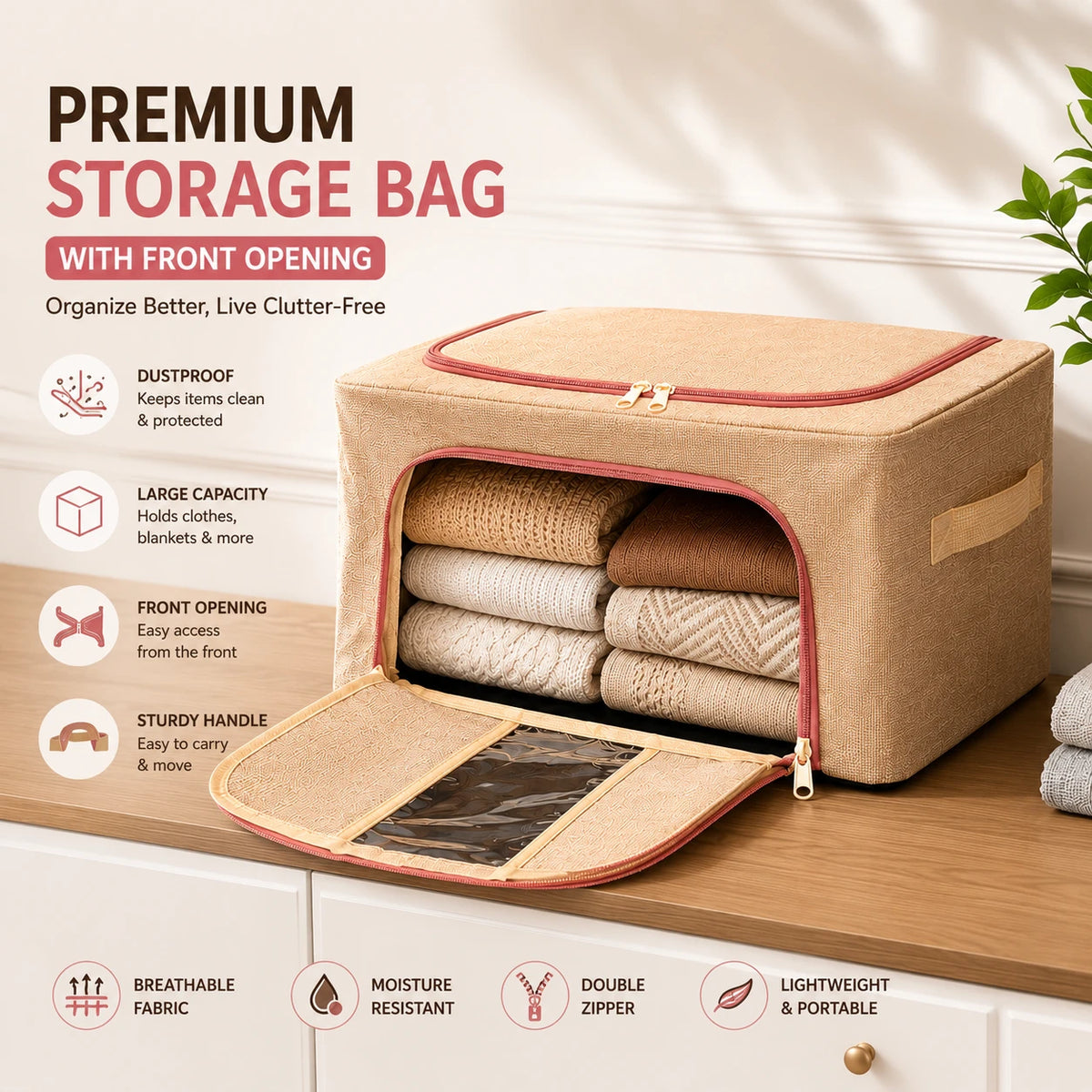 Storage Bag With Front Opening Foldable Clothes Blanket Organizer Storage Box - Image 1