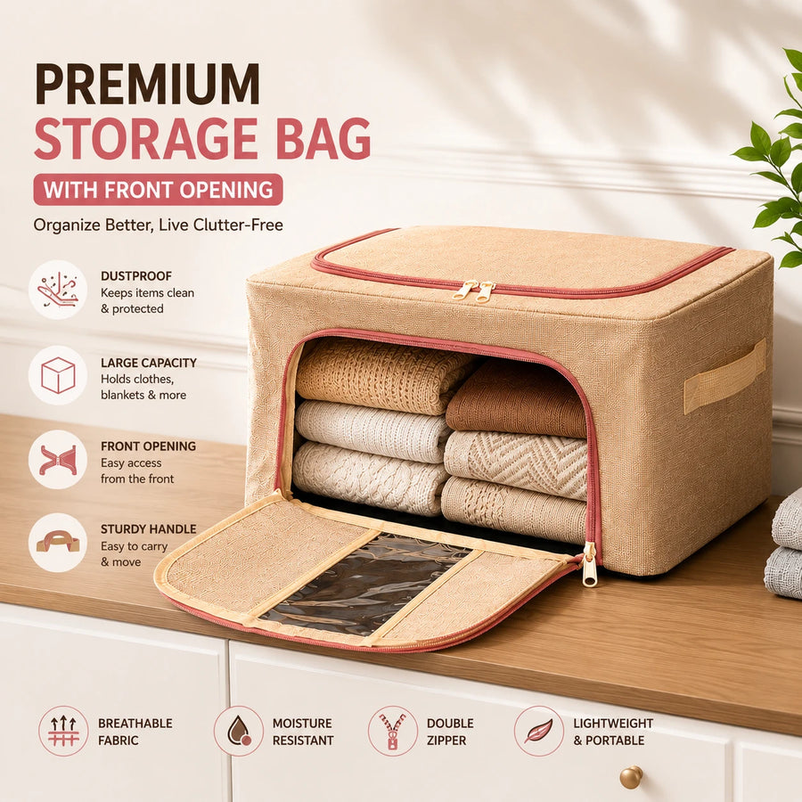 Storage Bag With Front Opening Foldable Clothes Blanket Organizer Storage Box