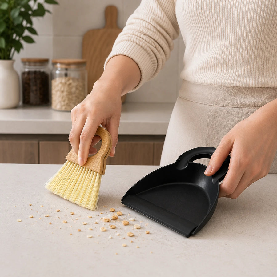 Mini Dustpan Brush Set Bamboo Handle Desktop Cleaning Brush