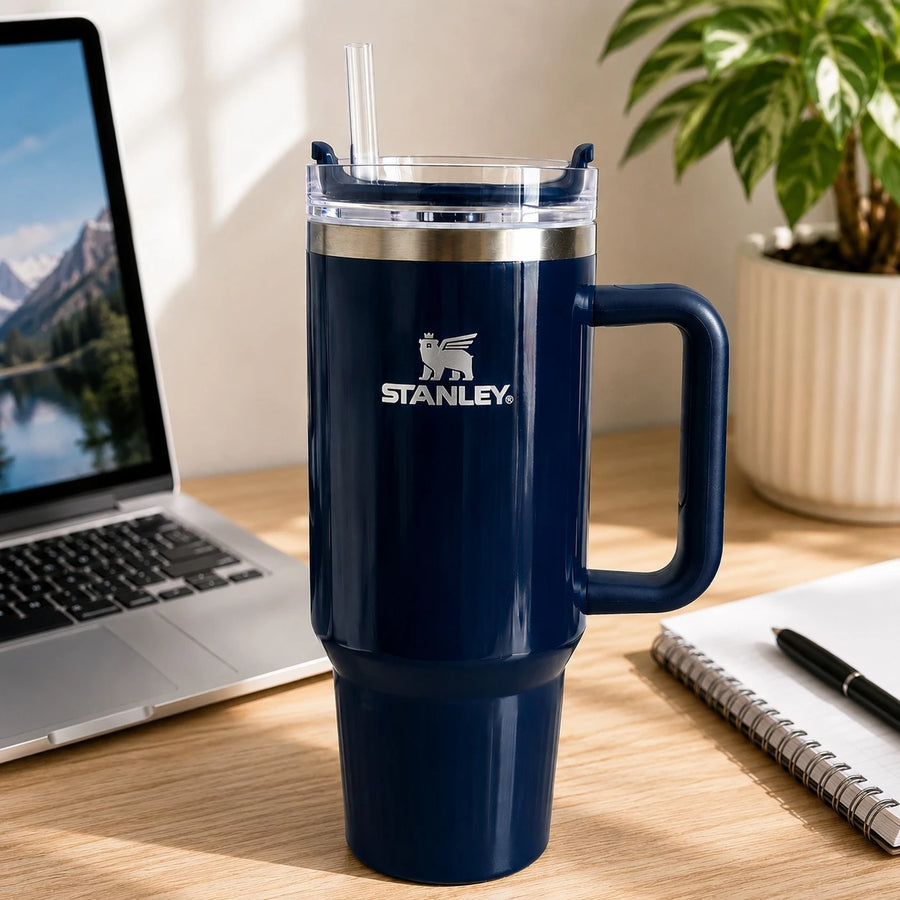 Stanley Stainless Steel Insulated Travel Tumbler Cup With Handle Straw Thermal Mug Navy Blue 40 Oz