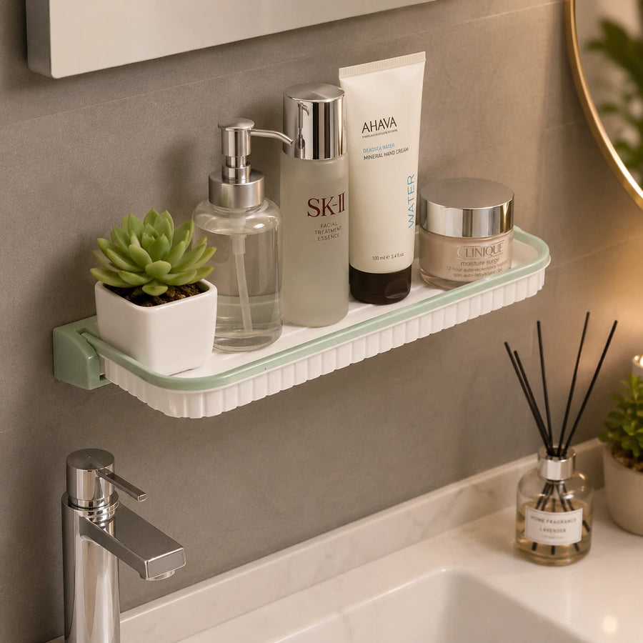 Wall Mounted Foldable Bathroom & Kitchen Storage Shelf with Hooks No Drill Organizer