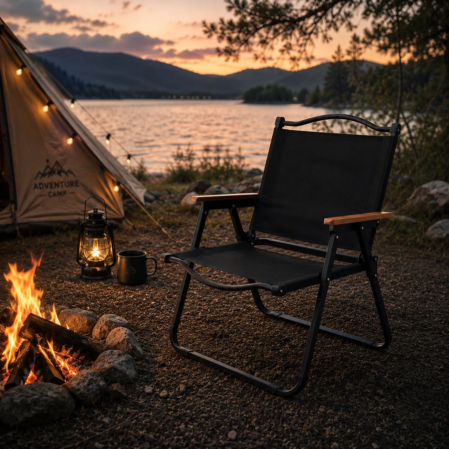 Folding Camping Chair Heavy Duty Outdoor Garden Chair Portable Black Oxford Cloth Chair With Wooden Armrests