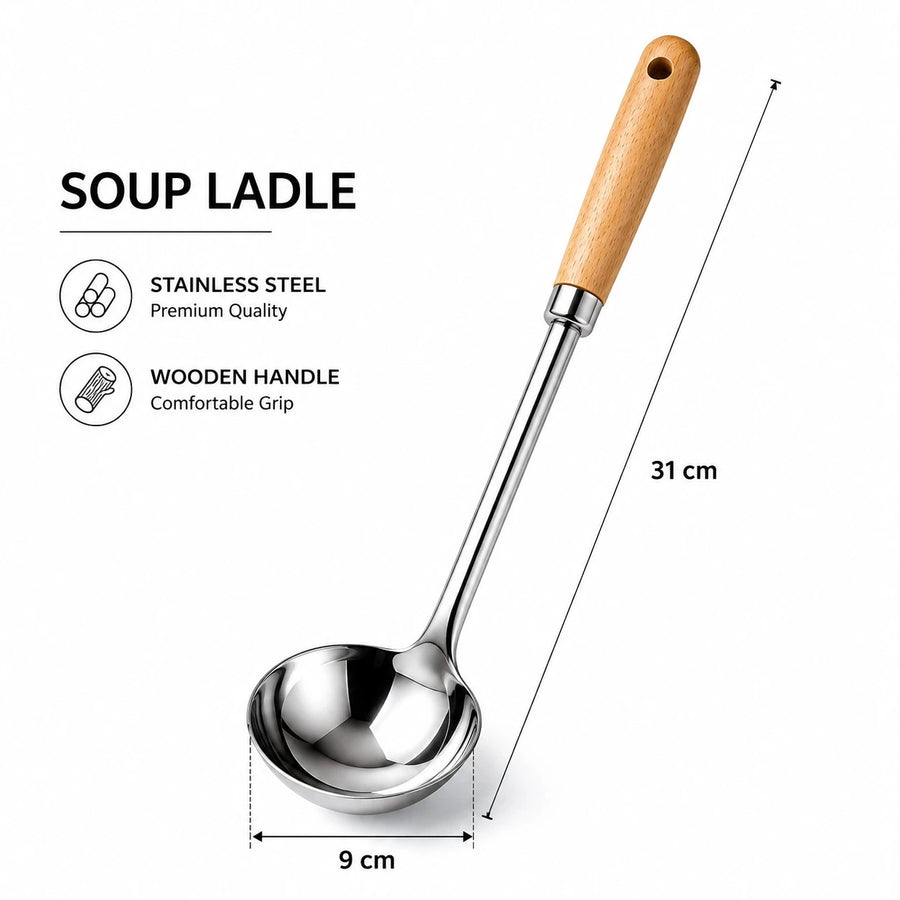 Adawat Stainless Steel Soup Ladle Serving Spoon Wooden Handle Kitchen Soup Server Gravy Ladle Sauce Spoon Cooking Utensil