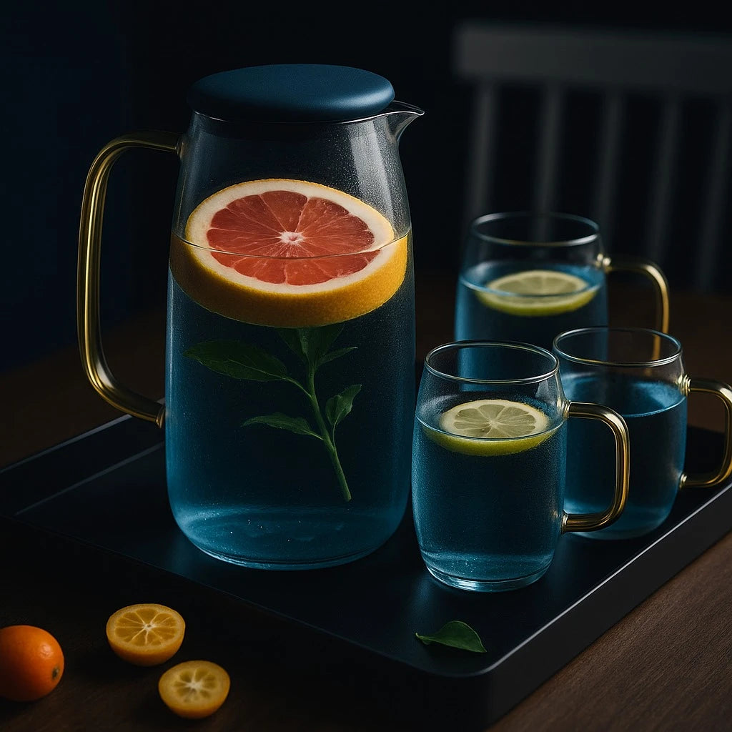 Glass Pitcher Set with Gold Handle