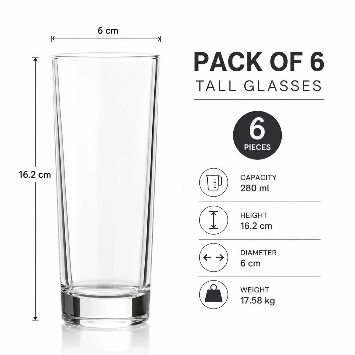 6 PCS Tall Clear Drinking Glasses Set 280ml Juice Water Beverage Cups for Home Kitchen