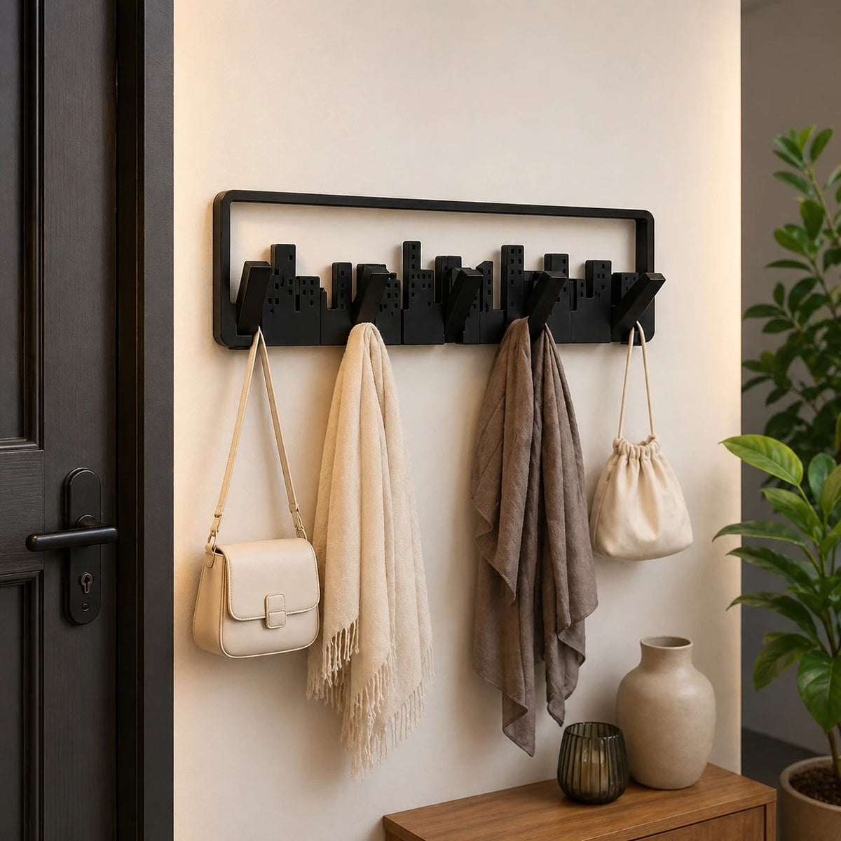 Wall Mounted Organizer Rack 5 Hook Skyline Design Plastic Decorative Shelf Entryway Hanger 49.5 cm - Image 1