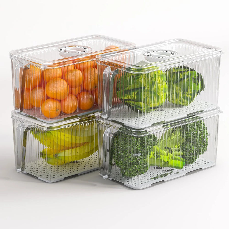 Fresh Keep Storage Drain Container Food Storage Box with Built In Drainer for Fruits Vegetables Fridge and Pantry Use