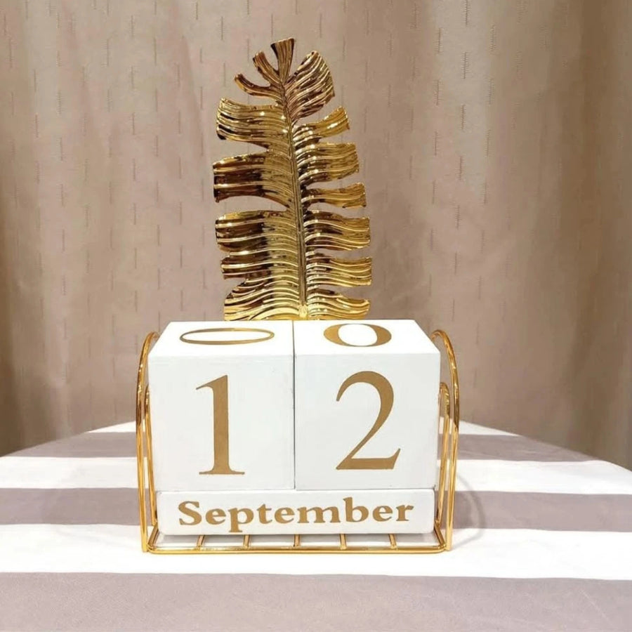 Gold Perpetual Desk Calendar with Wooden Date Blocks and Decorative Leaf Metal Frame