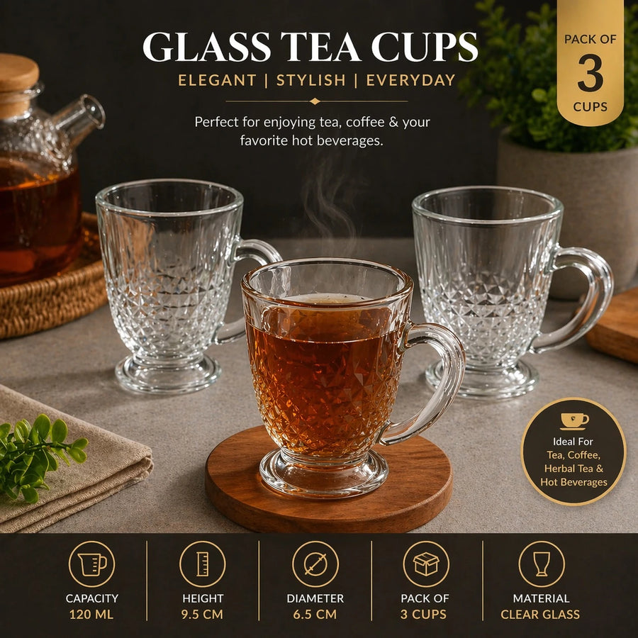 Clear Glass Tea Cups Pack of 3 120 ml Small Mug Set Ribbed Pattern Coffee Tea Cups with Handle