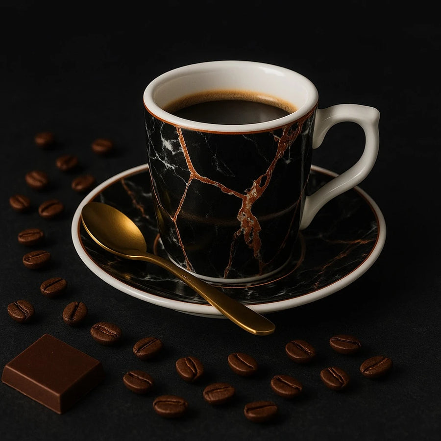 Set of 6 Black Marble Coffee Espresso Cups