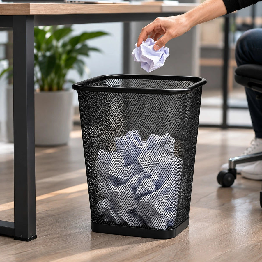 Black Metal Mesh Waste Basket Office Trash Bin Desktop Garbage Basket Home Office Organizer