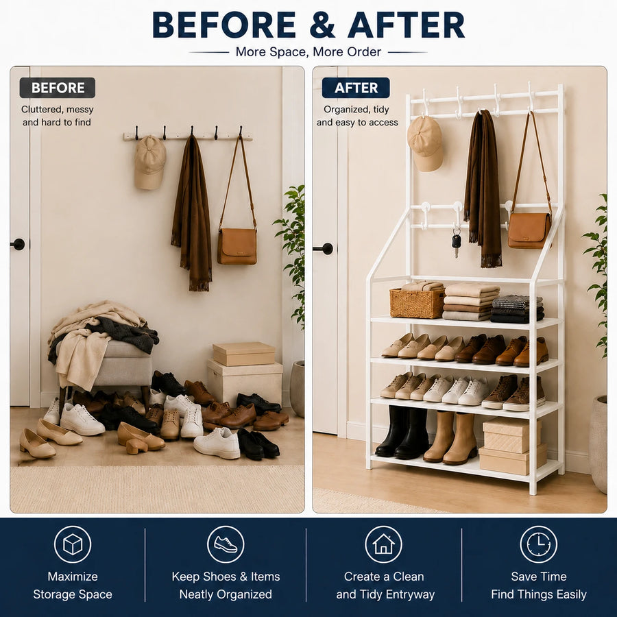 Shoes Organizer 4 Shelves Clothes Hanger Storage Rack Entryway Shoe Shelf Modern Metal Rack With Hooks