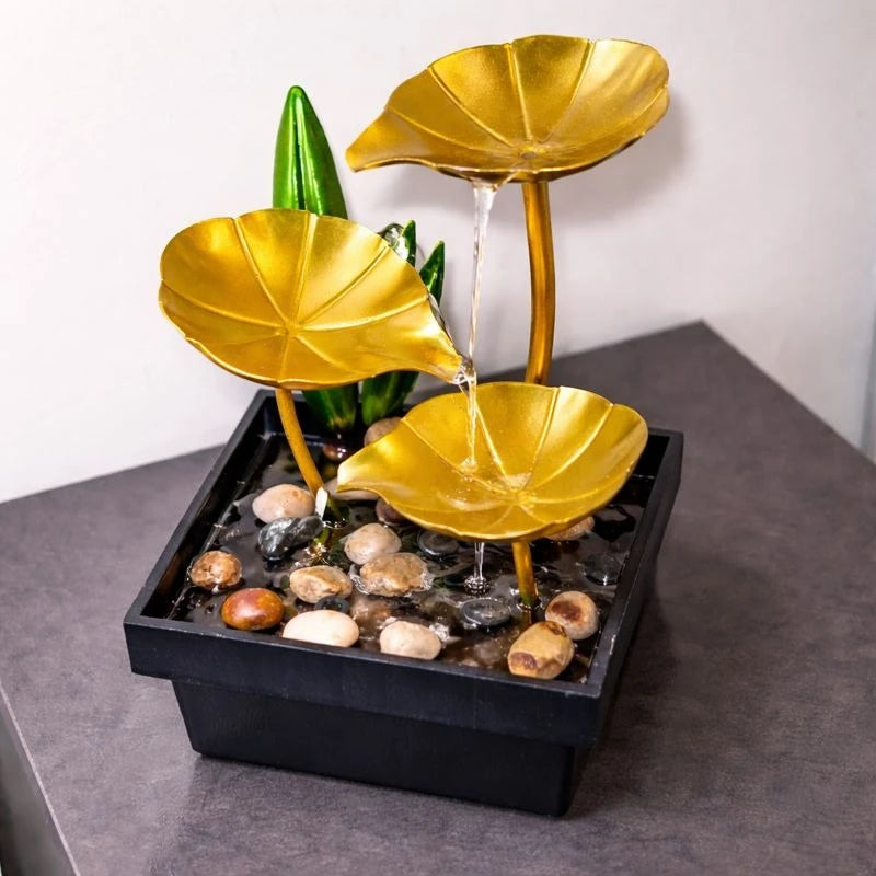 Decorative Tabletop Water Fountain Gold Lotus Leaf Indoor Zen Waterfall LED Light Home Office Relaxation Decor