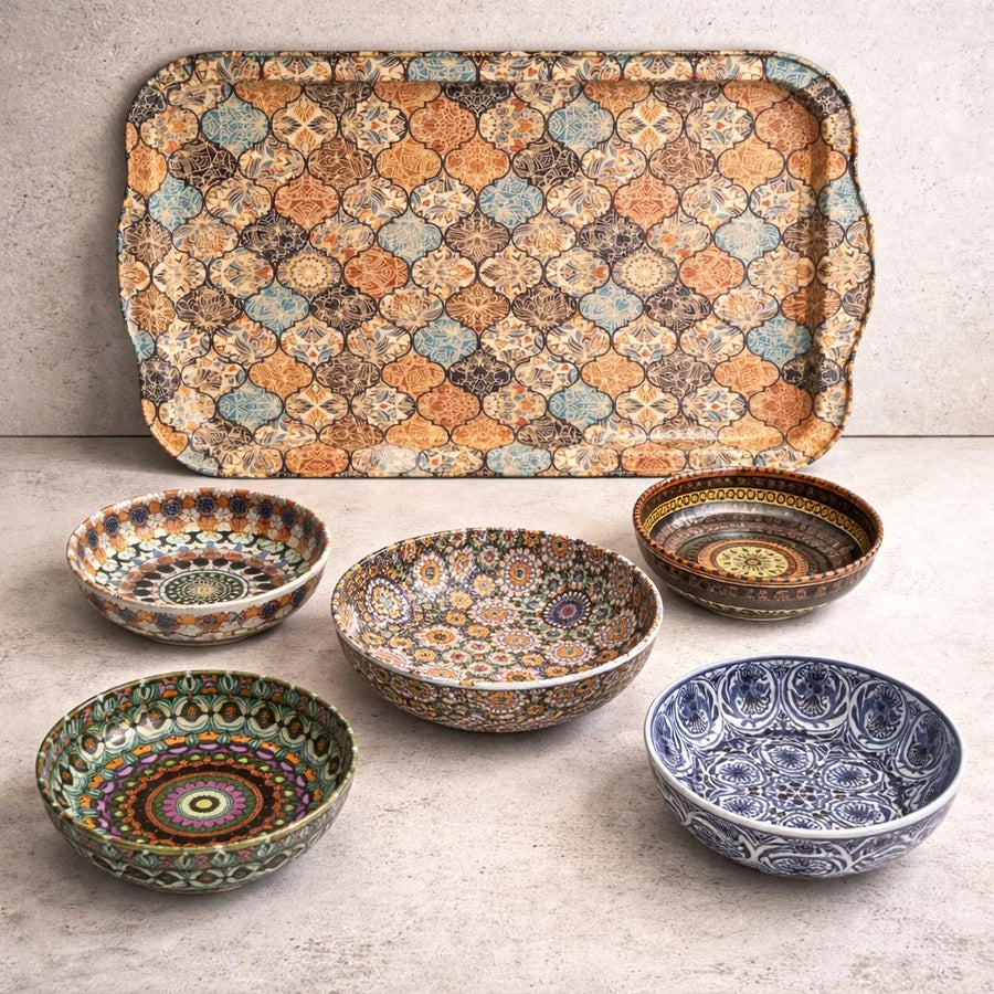 Turkish Serving Tray Set Metal Tray Ottoman Mosaic Mandala Design Coffee Tea Snack Set With 4 Bowls Decorative Serving Tray