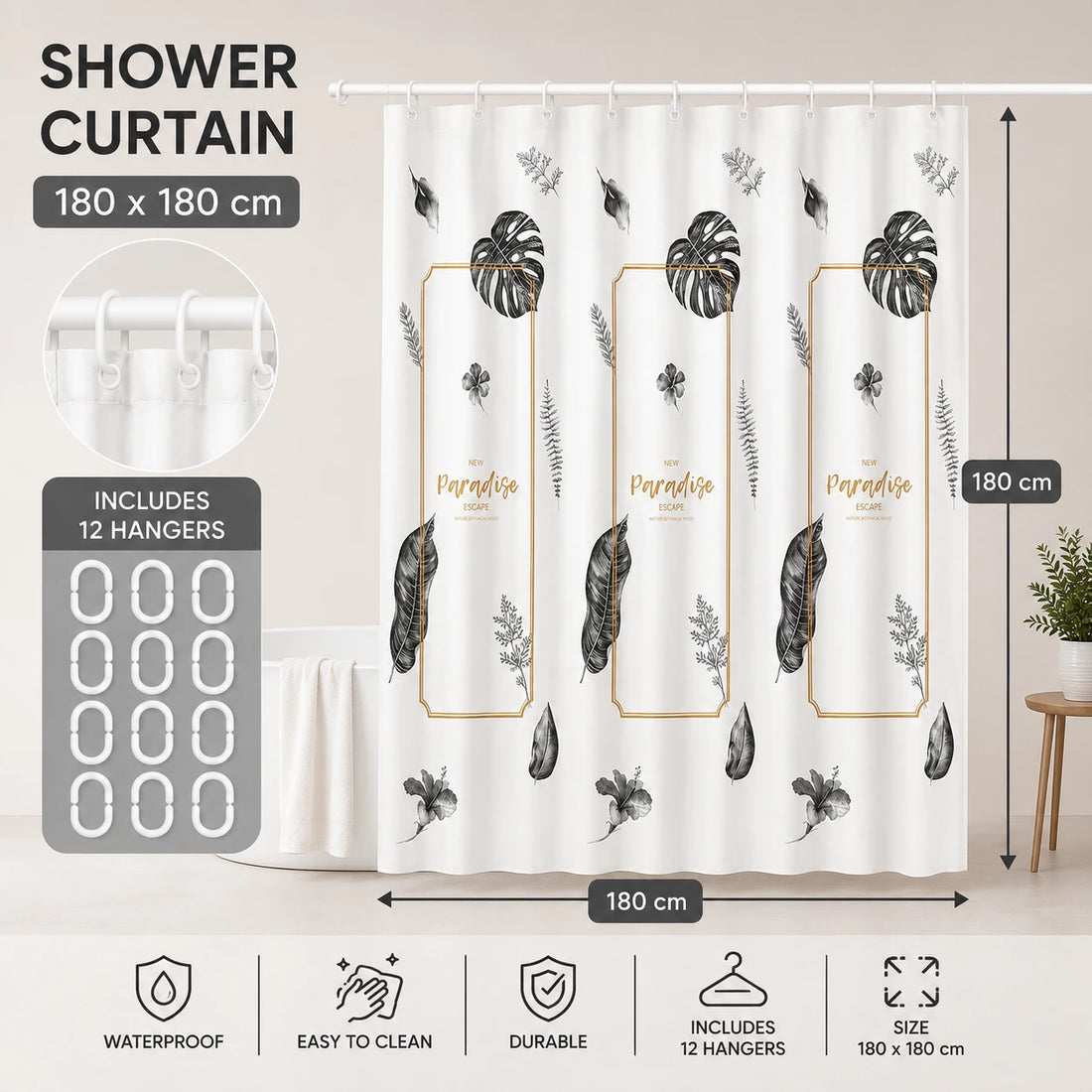 Copy Of Shower Curtain Waterproof Bathroom Curtain Printed With 12 Hooks