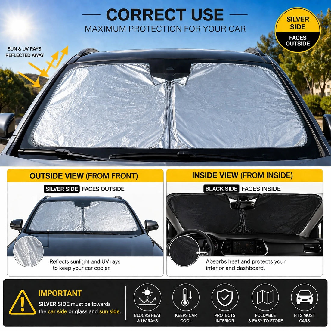 Foldable Car Sunshade 135 × 70 cm With Compact Storage Bag