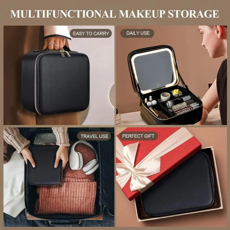 LED Mirror Makeup Organizer Case with Rechargeable Light | Portable Cosmetic Storage Travel Beauty Case