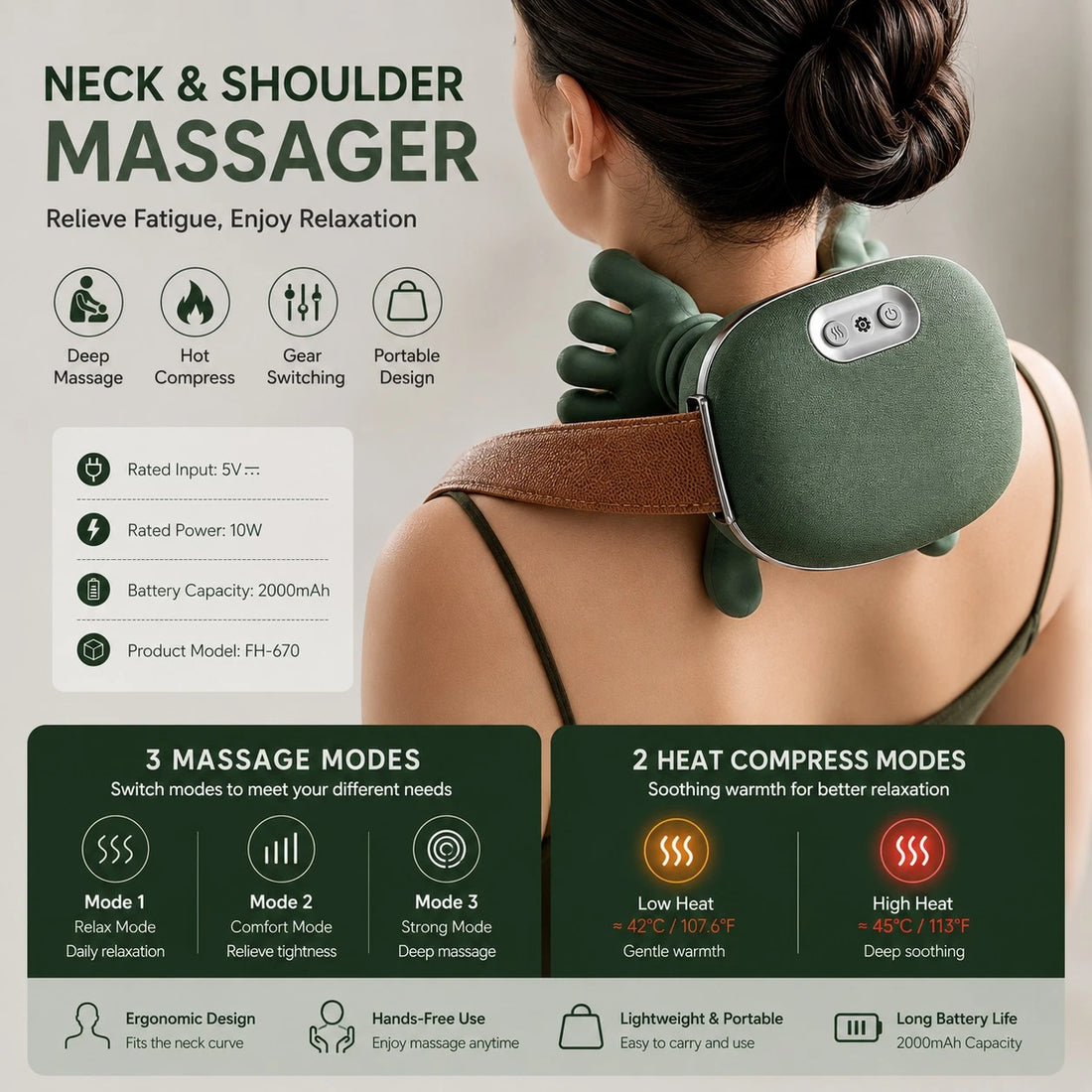 Portable Shoulder And Neck Massager Hot Compress Gear Switching Relaxation Device FH 670
