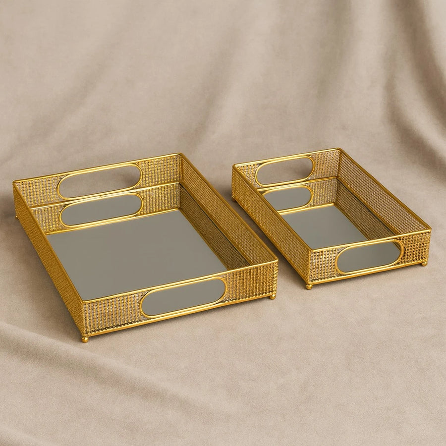 Gold Mesh Mirror Serving Trays 2 Pcs Set, 35×25 cm & 30×20 cm
