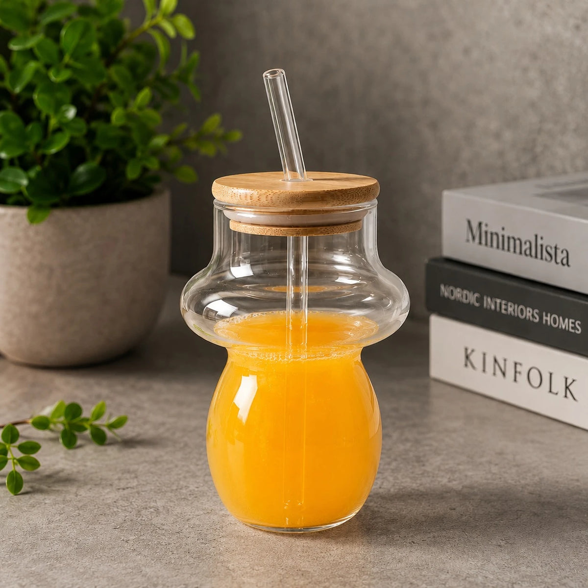 Creative Glass Juice Cup With Bamboo Lid Glass Straw Lemonade Cup 14 cm