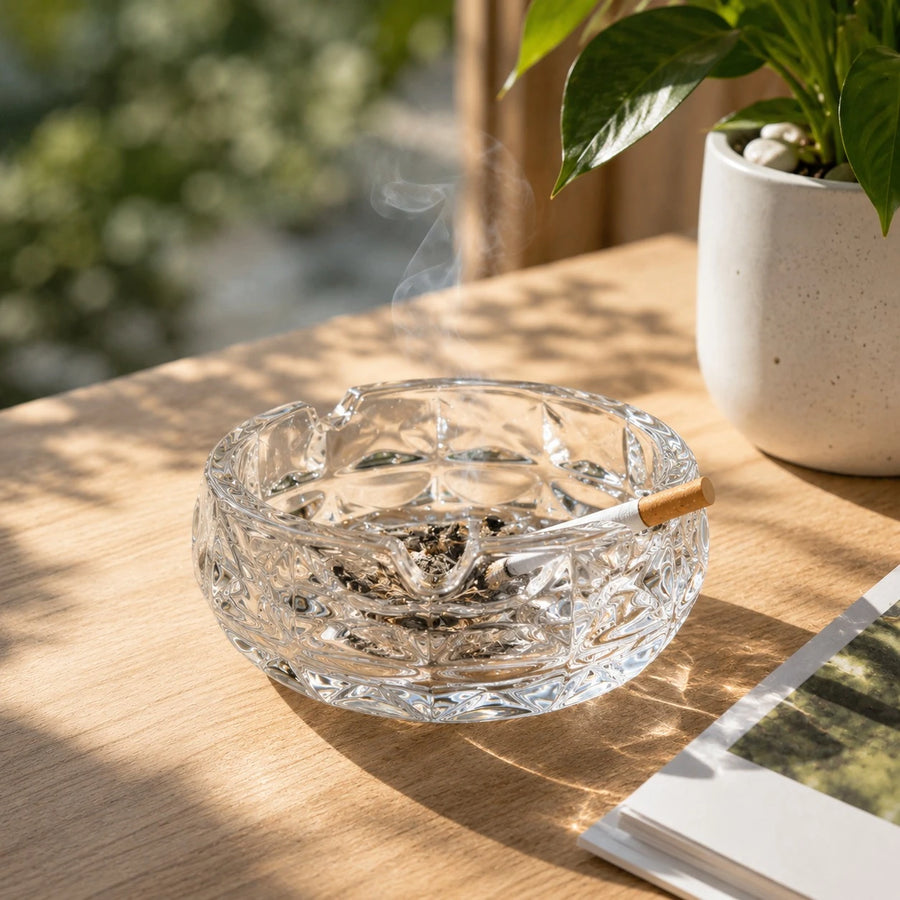 Clear Glass Ashtray Crystal Look Decorative Round Cigarette Holder Tabletop 11.5cm