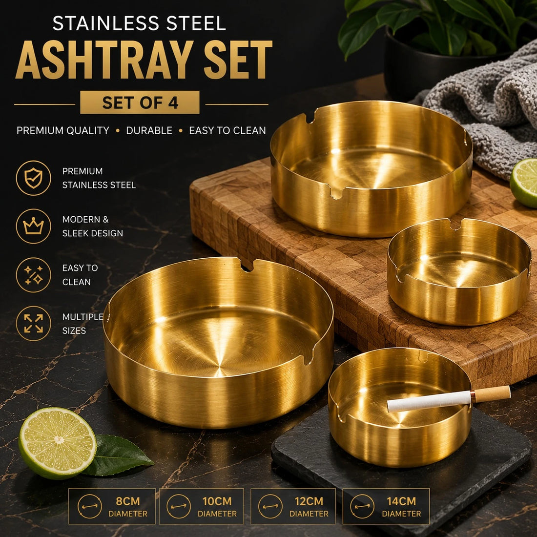 Gold Stainless Steel Ashtray 4Pcs Set Round Metal Table Ashtray Heavy Duty Luxury Gold Ashtray Modern Home Office Outdoor Patio Ashtray