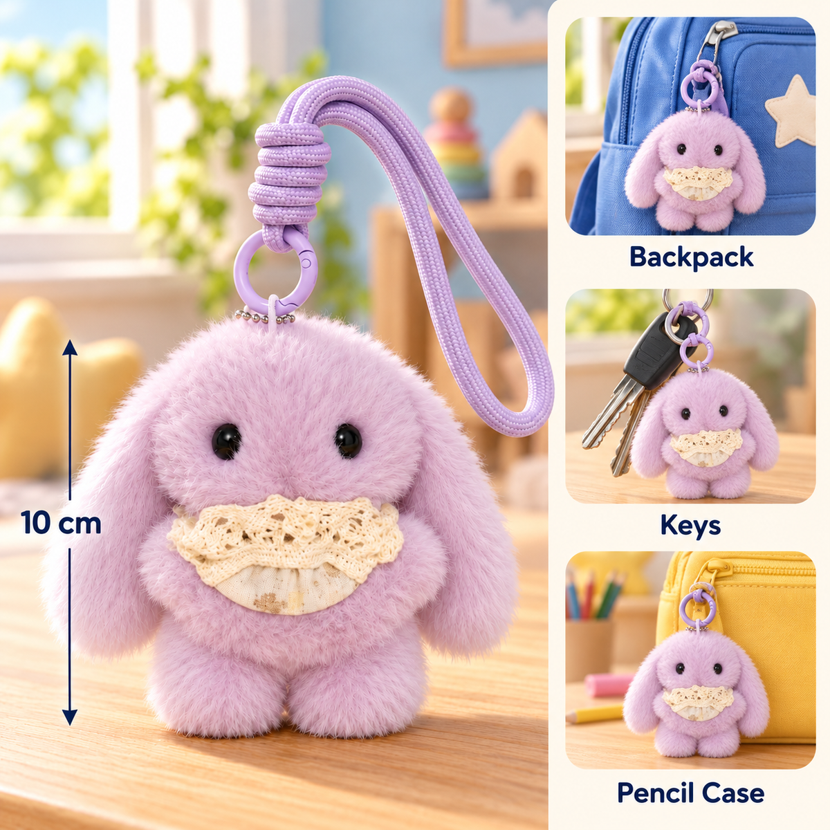 Plush Bunny Keychain with Wrist Strap