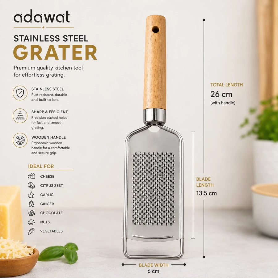 Adawat Stainless Steel Hand Grater Wooden Handle Cheese Grater Vegetable Grater Kitchen Grater 26 cm