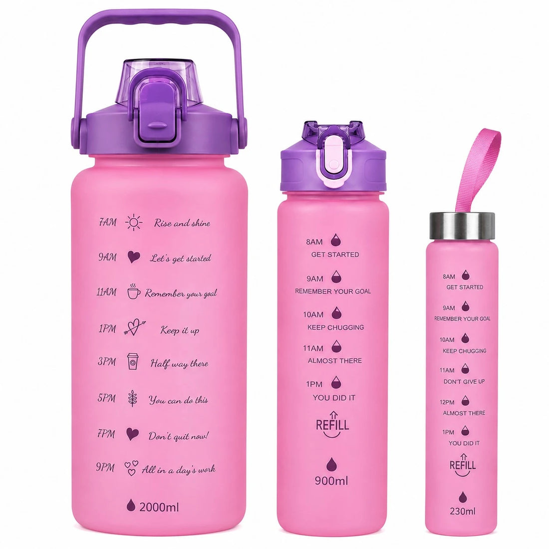 3 Piece Motivational Water Bottle Set 300ML 700ML 2000ML Reusable Sports Gym Fitness Hydration Bottles with Handles