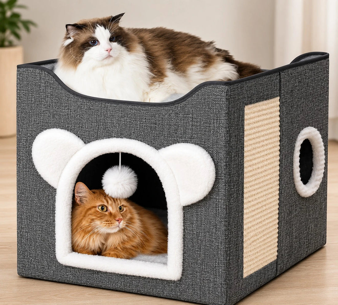 Cat House Bed Scratcher Condo Grey Fabric Pet Hideaway Cozy Cat Cube With Scratching Pad Interactive Cat Cave Indoor Pet Furniture