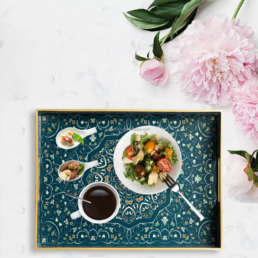 Arabesque Serving Tray Set 2 Pieces Teal Gold Decorative Coffee Dates Dessert Tray Ramadan