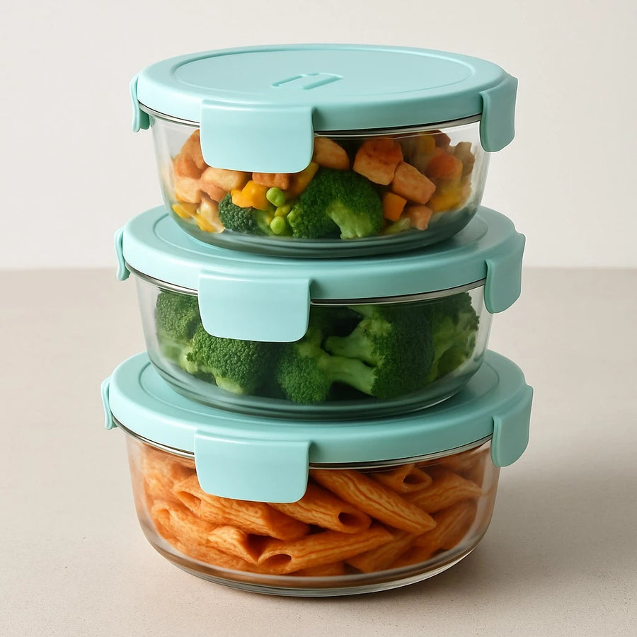 3 Piece Round Glass Container Set Reusable Food Storage Bowls for Leftovers Meal Prep and Daily Kitchen Storage