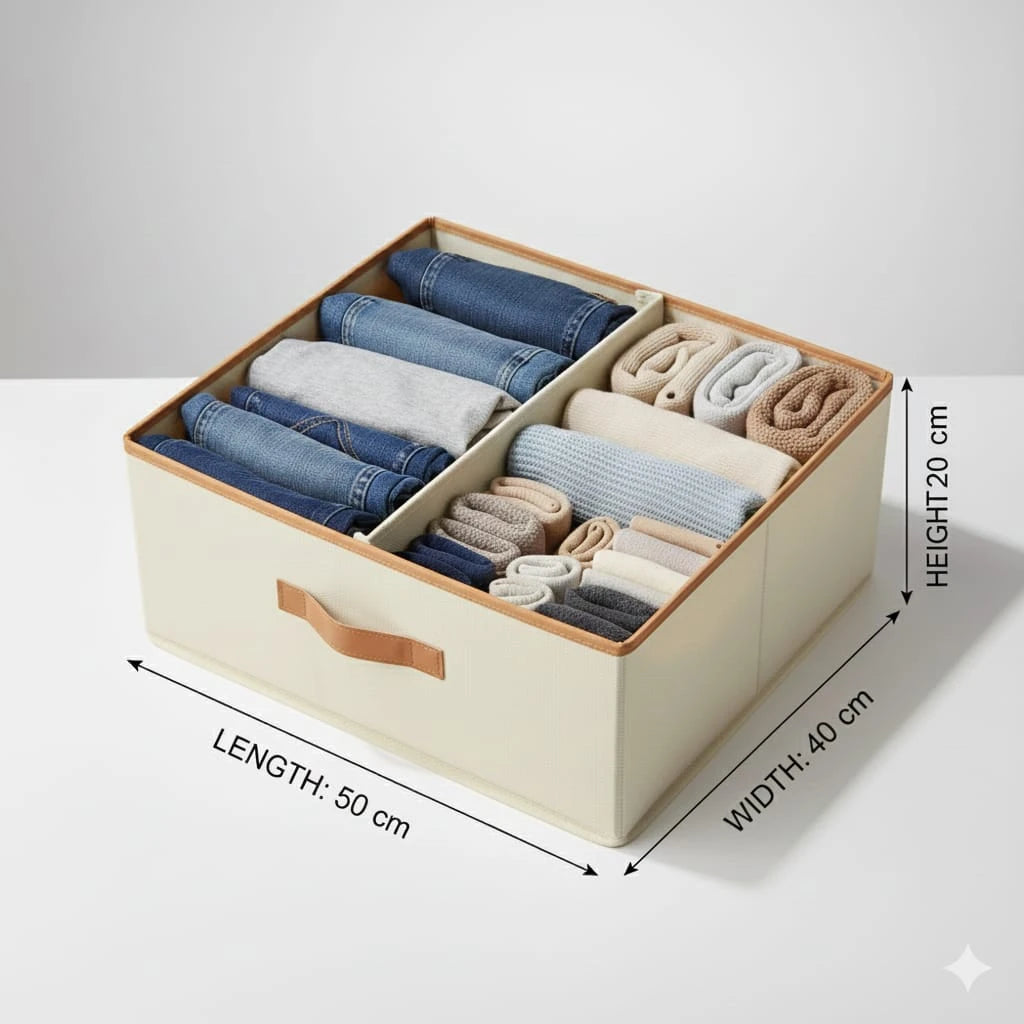 Foldable Clothes Organizer Box with 2 Sections – beige Non-Woven Wardrobe & Underbed Storage 50 × 40 × 20 cm